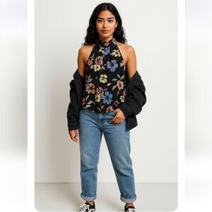 Tua Elegant Black Flowy Halter Top Blush Yellow Blue Green Floral Sleeveless L